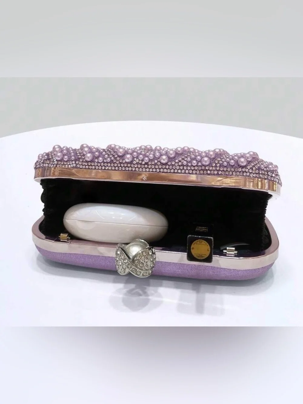 Pearl & Crystal Embellished Clutch - Purple